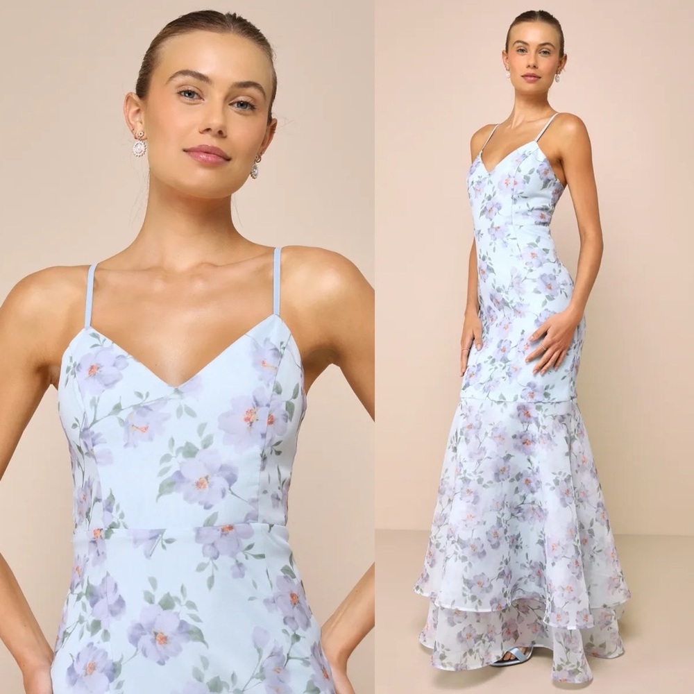 🌿 Periwinkle Light Blue Floral Organza Trumpet Ruffle Maxi Dress 🌿 - Picture 3 of 11